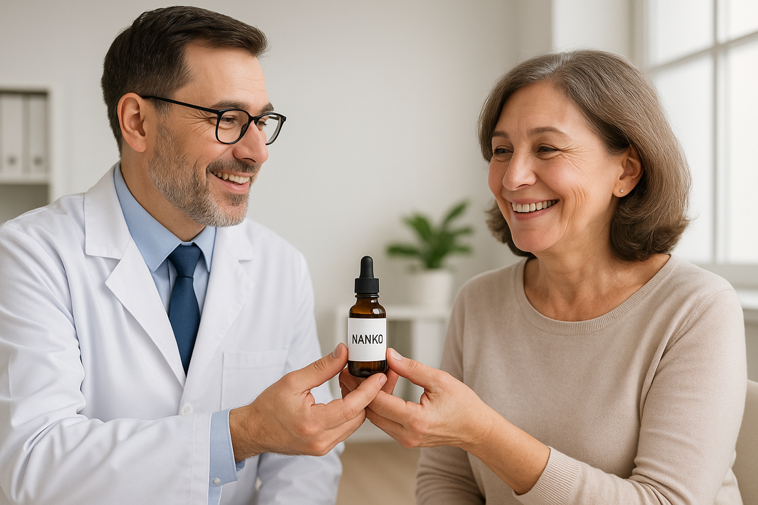 Es un doctor dando un gotero de marca nanko a una señora bien sonríe 